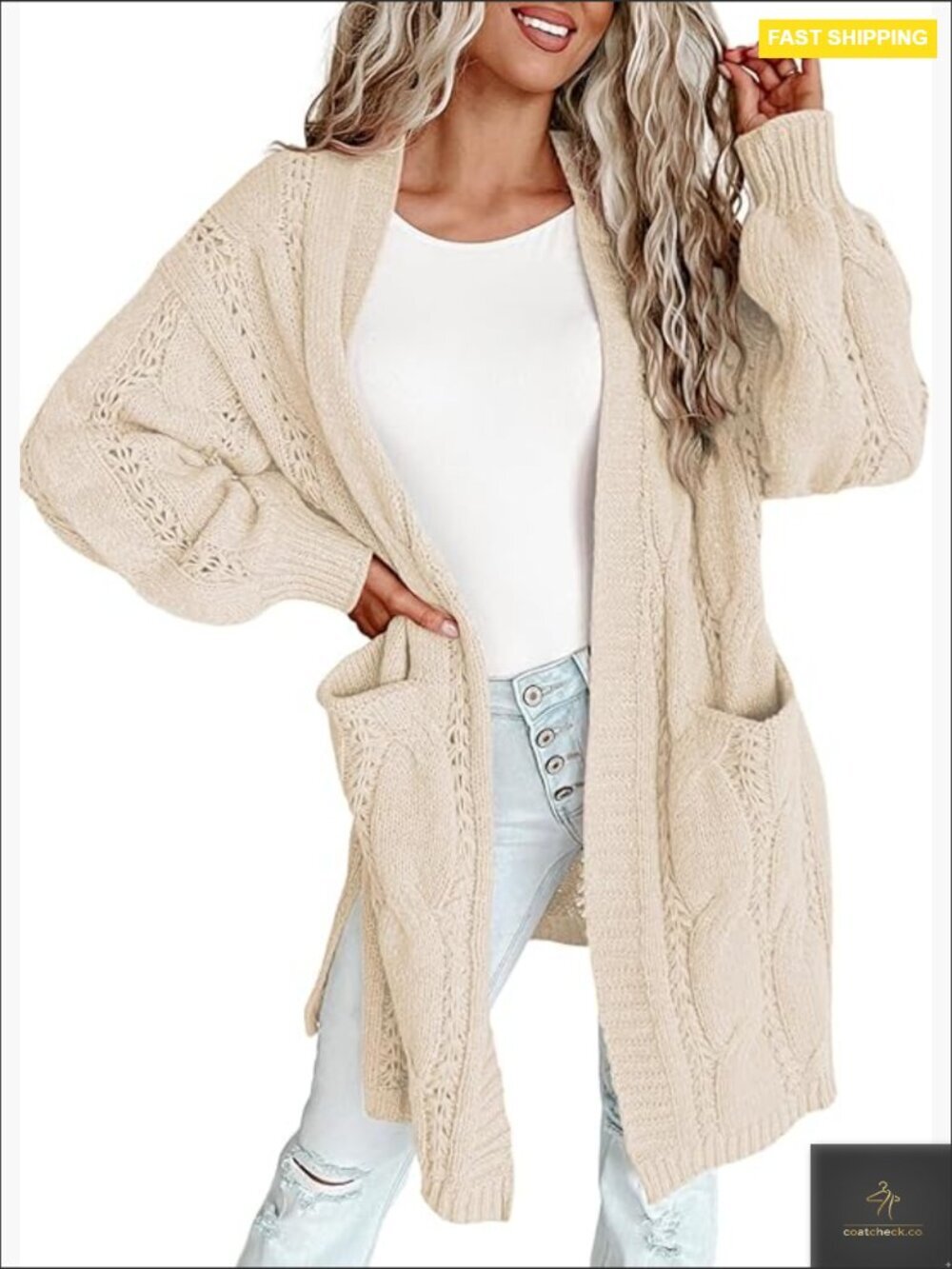Open Front Knit Cardigan Oversized Long Sleeve Sweater with Pockets